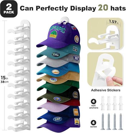 2 Pack Hat Organizer for Baseball Caps, Hat Rack for Wall Hold Up to 20 Hats, Hat Holder with Strong Adhesive and Screws, Hat Organizer Wall Mounted Hat Hanger Display for Door Closet Bedroom(B-White)
