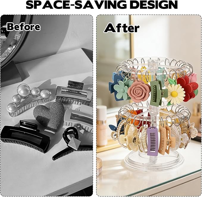 2-Tier Acrylic Claw Clip Organizer Rack with Tray, Large Rotatable Capacity Hair Claw Clips Holder for Bathroom Bedroom, Durable Clear Hair Accessories Organizer Storage with 48 Metal Rings