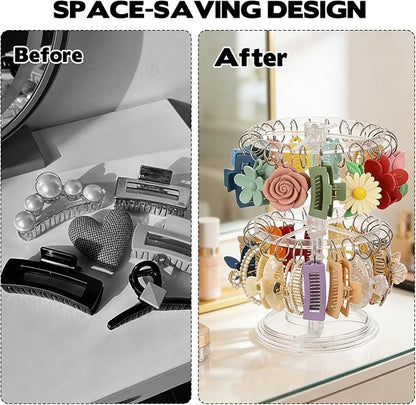 2-Tier Acrylic Claw Clip Organizer Rack with Tray, Large Rotatable Capacity Hair Claw Clips Holder for Bathroom Bedroom, Durable Clear Hair Accessories Organizer Storage with 48 Metal Rings