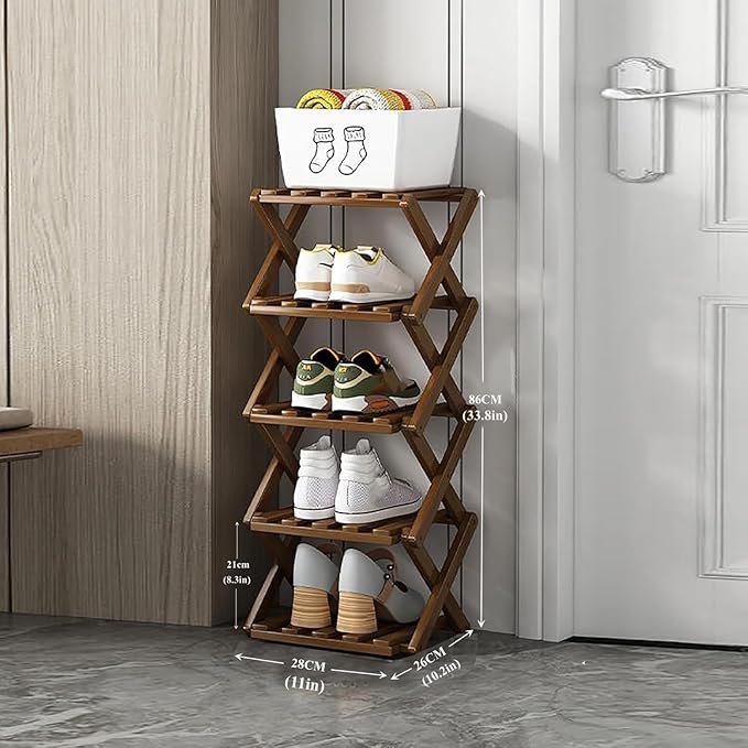 Foldable Shoe Rack, Bamboo Vertical Shoe Organizer Tall for Small Spaces. Multifunctional Narrow Shoe Shelf for Entryway, Closet, Corner, Bedroom, Hallway, Brown Color 5 Layers