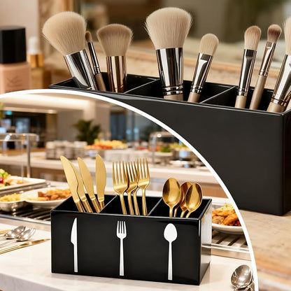 Acrylic Cutlery Storage Organizer Bin,3 Section Silverware Caddy with Spoon Fork Organizer, Clear Plastic Utensil Holder for Kitchen Countertop, Cabinet, Dining Room (Black)