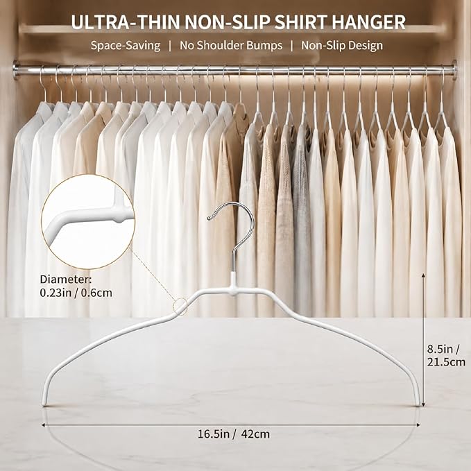 Kathfly 25 Pack Ultra Thin Non Slip Shirt Clothes Hangers, Steel Space Saving Shirt Hangers with PVC Coating, No Shoulder Bumps for Shirts, Sweaters, Dresses and Jackets