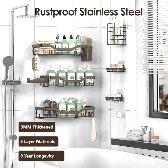 NESOMI Shower Caddy Adhesive Shower Organizer 8-Pack, Rustproof Stainless Steel Bathroom Shelves, Large Capacity No-Drill Rack Storage Accessories with Soap Dish Toothbrush Holder Hooks