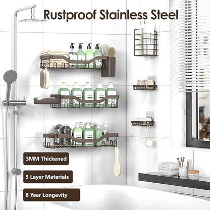 NESOMI Shower Caddy Adhesive Shower Organizer 8-Pack, Rustproof Stainless Steel Bathroom Shelves, Large Capacity No-Drill Rack Storage Accessories with Soap Dish Toothbrush Holder Hooks