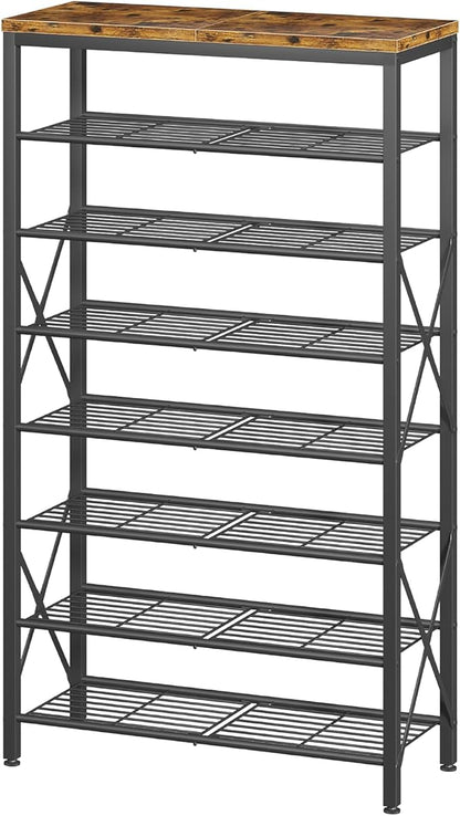 8-Tier Metal Shoe Rack for 32 Pairs, Heavy-Duty Shoe Organizer with Rustic Wooden Top, Space-Saving Entryway Shoe Storage for Closet, Garage, Hallway, Bedroom, Black & Rustic Brown