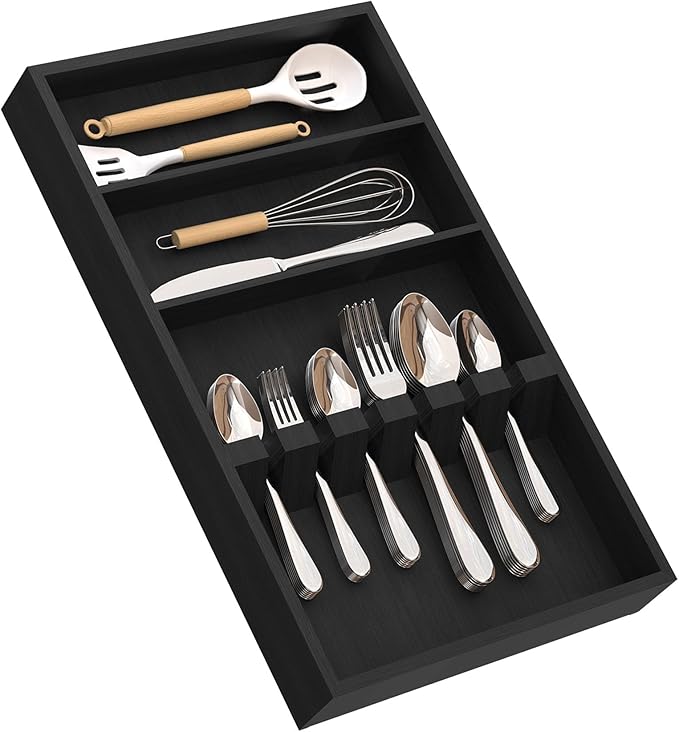 Yofidra Pure Bamboo Silverware Drawer Organizer: 16.5 Inch Large Silverware Utensil Tray Holder, 3-Compartment with 6 Card Slots Kitchen Flatware Organizer Home Essentials, 2024 New Upgrade