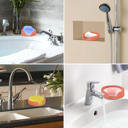 Silicone Bathroom Soap Dishes, Self Draining Waterfall Bar Soap Holder & Saver, Dish Soap Tray, Sponge Holder, 13 Non-Slip Suction Cups Dishwasher Safe for Bathroom Kitchen Shower Sink Organizer Red