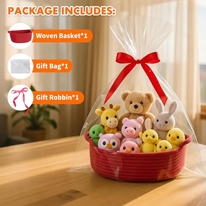 ShellKingdom Storage Basket with Handles, Empty Gift Basket with Gift Bags and Ribbon, Small Woven Baskets for Home, Nursery Storage Organizer, 12 X 8 X 5 INCH, Valentine's Red