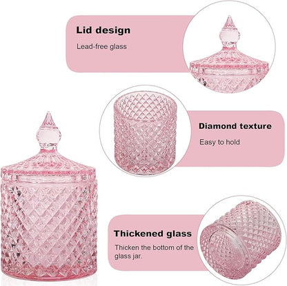 2 Pack Qtip Holder Thick Glass Apothecary Jars with Lid for Bathroom Decor Storage Organizer for Cotton Swabs, Balls, Pads, Floss Picks, Candy, Jewelry, Pink