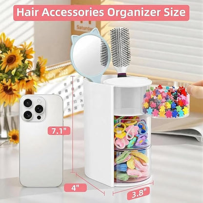 Hair Accessories Organizer with Hair Brush Holder, Rotatable Makeup Brush and Jewelry Storage Box for Hair Clips, Earrings, Necklaces, Bracelets, Rings, and Daily Accessories (White, 3-Layer)