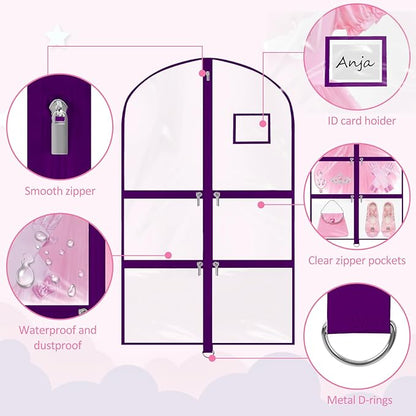 Garment Bags for Dance Costumes - 40 Inch Clear PVC with 5 Zipper Pockets (3 Pack) - Kids Dance Garment Bag for Dancers, Hanging Clothes Storage, Competitions & Travel (‎Clear Purple)