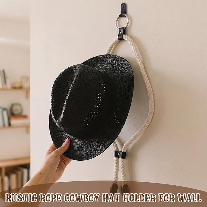 Sliner 4 Pcs Cowboy Hat Hangers Adjustable Cowboy Hat Mounts for Wall Including Nails and Hooks Western Decor Vintage Rope and Leather Design for Living Room Door Home Entryway Display