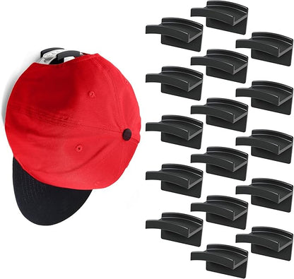 Modern JP Adhesive Hat Hooks for Wall (16-Pack) - Minimalist Hat Rack Design, No Drilling, Strong Hold Hat Hangers - USA Patented, Black