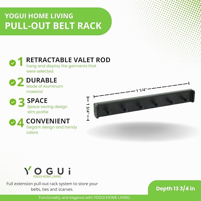 Design-R Pull-Out Belt Rack for Belts, Ties and Scarves, Accessories Storage Hanger with Mounting Hardware (Matte Black)