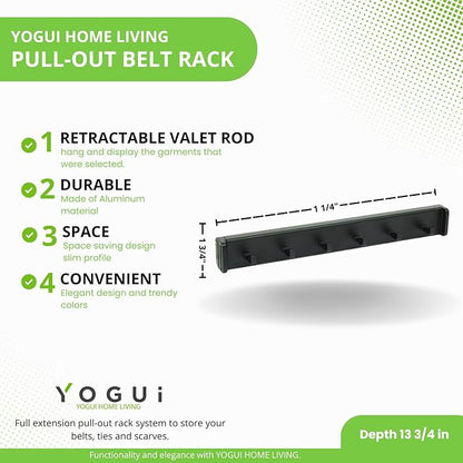 Design-R Pull-Out Belt Rack for Belts, Ties and Scarves, Accessories Storage Hanger with Mounting Hardware (Matte Black)