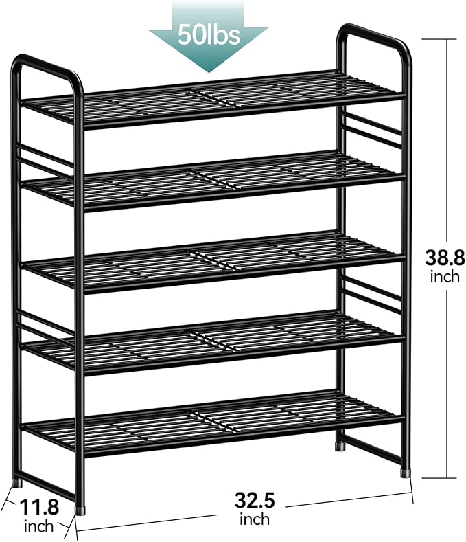 SUFAUY 33" Wide Shoe Rack, 5-Tier Shoe Storage Rack for 24-30 Pairs of Shoes, Shoe Organizer for Entryway, Stackable, Heavy Duty, Steel Frame, Industrial, Black