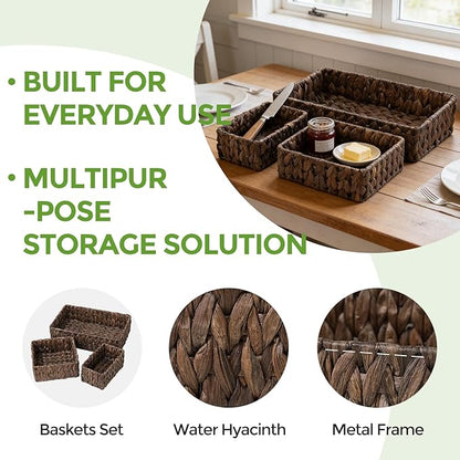 Wicker Storage Baskets Set of 3, Handwoven Water Hyacinth Baskets for Organizing, Large and Small Wicker Baskets Set, Decorative Natural Woven Baskets 3Pack for Pantry Shelves, Dark Brown