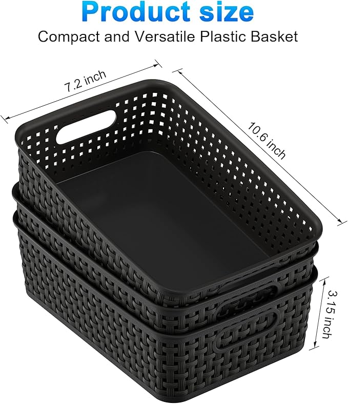 FUCDTEFC Black Plastic Basket, 8 Pack Home Organization and Storage Baskets with Handles, Space Saving Woven Organizer Bins Plastic Storage Basket for Organizing Cabinets,Closets, Shelves, Countertops