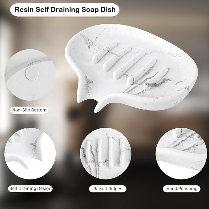 Self Draining Soap Dish for Shower and Bathroom Sink - Large Marble Resin Soap Holder with Drain, Non Slip Soap Tray for Bar Soap, Kitchen & Bathroom Counter