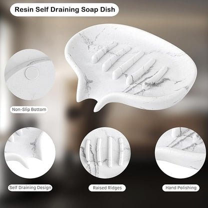Self Draining Soap Dish for Shower and Bathroom Sink - Large Marble Resin Soap Holder with Drain, Non Slip Soap Tray for Bar Soap, Kitchen & Bathroom Counter