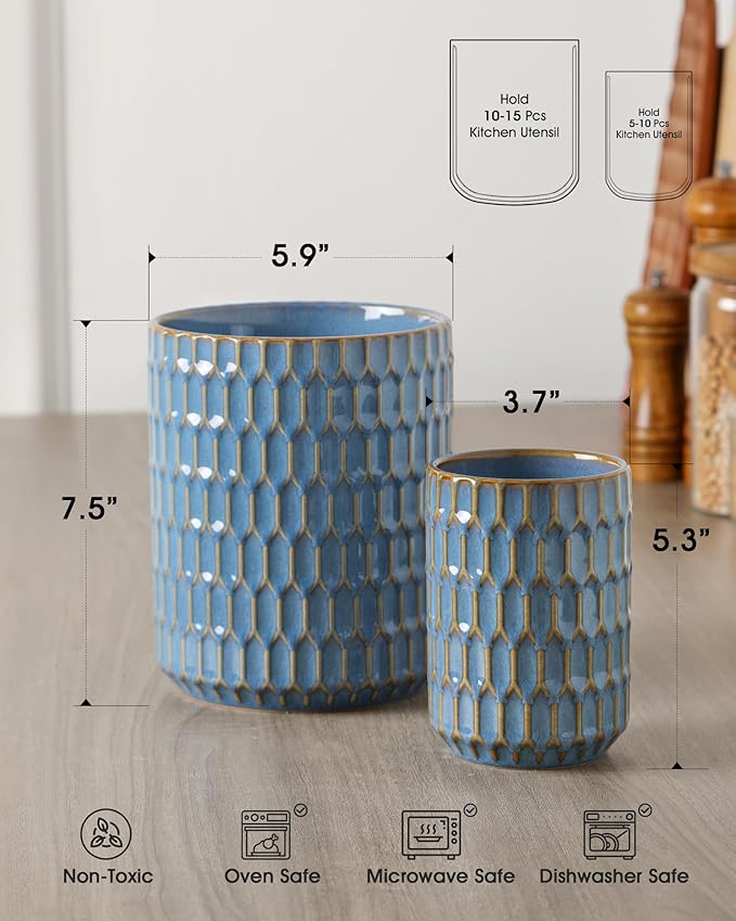 Utensil Holder, 7.5"+5.3" Ceramic Kitchen Utensil Holder for Countertop, Large Cooking Utensil Crock for Kitchen Counter, Set of 2, Blue