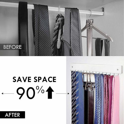 2Pack Tie Rack Wall Mounted, Wooden Tie Hanger Tie Organizer for Men with 28 Folding Hooks, Space Saving Tie Holder and Belt Rack for Closet, White