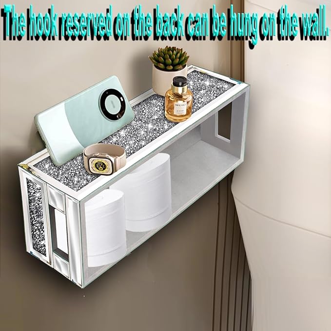 Wocred Bathroom Basket Toilet Tank,Crushed Diamond Mirrored Bathroom Tray Wall-Mounted,Silver Storage Organizer fits Dresser Bedroom,Bathroom,Coffee Table.(15”x7”x3.8”)