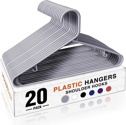 HOUSE DAY Plastic Hangers 20 Pack, Space Saving Clothes Hangers with Built-in Hooks, Durable & Strong Closet Organizers and Storage, Dorm Room Essential, Perfect for Shirts, Coat, Pants, Dress - Grey