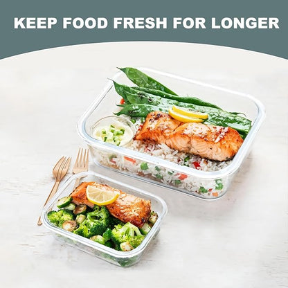 KOMUEE 10 Pack Glass Food Storage Containers, Meal Prep Containers with Lids, Airtight Glass Lunch Boxes, Freezer, Oven, and Microwave Safe, Green