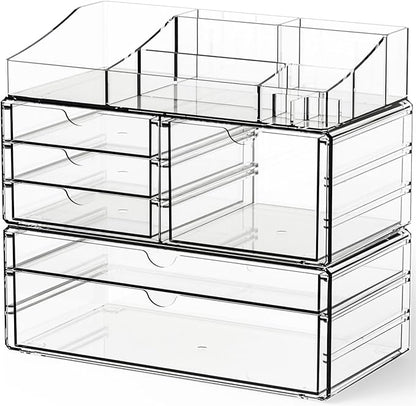 Yieach Acrylic Make up Organizers for Counter,Desk and Vanity,3 Pack Stackable Bathroom Counter Organizer with Drawers,Large Clear Makeup Organizers and Storage for Skincare,Cosmetic,Beauty Products
