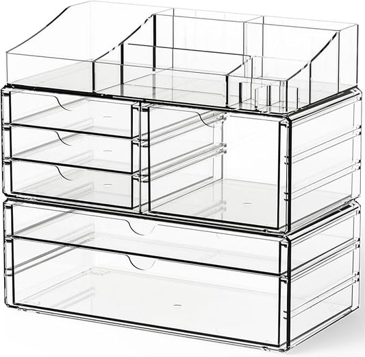 Yieach Acrylic Make up Organizers for Counter,Desk and Vanity,3 Pack Stackable Bathroom Counter Organizer with Drawers,Large Clear Makeup Organizers and Storage for Skincare,Cosmetic,Beauty Products