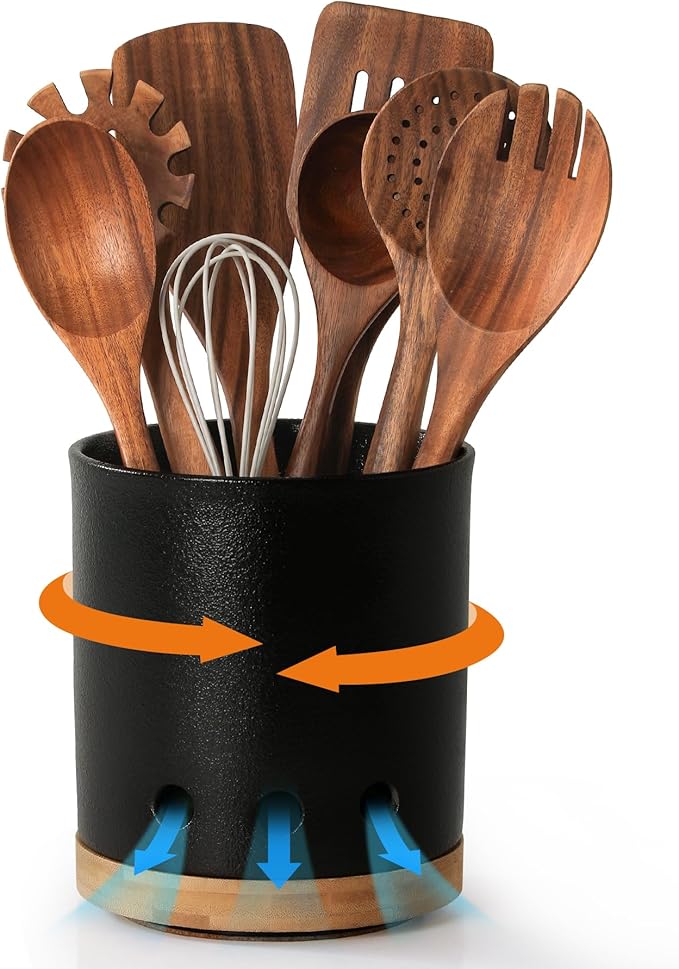 LoeJan 360° Rotating Ceramic Utensil Holder for Kitchen Countertop – Cooking Utensil Crock Organizer with Non-Slip Cork Base for Farmhouse Kitchen Decor, Textured Black