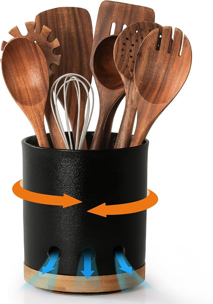 LoeJan 360° Rotating Ceramic Utensil Holder for Kitchen Countertop – Cooking Utensil Crock Organizer with Non-Slip Cork Base for Farmhouse Kitchen Decor, Textured Black