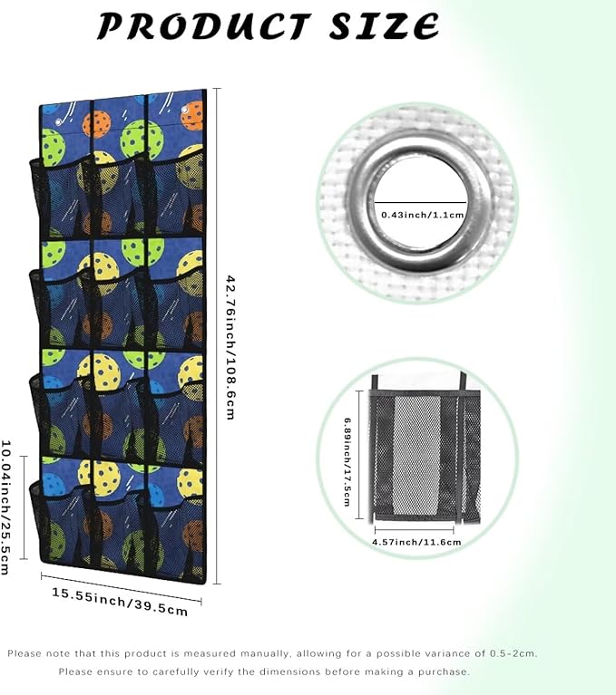 Over The Door Storage Bag with 12-Pockets, Oxford Material Waterproof Lightweight and Perfect for Organizing Bathroom Bedroom or Kitchen Essentials, Pickleball Pattern
