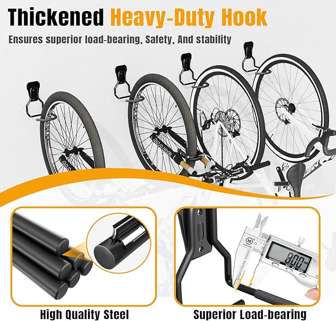 Wallavant Wall Mount Bike Hooks Bike Hooks for Garage Vertical Bike Hanger for Indoor Use Heavy Duty with 8mm Thick Steel Frame 4PCS Storage System Black