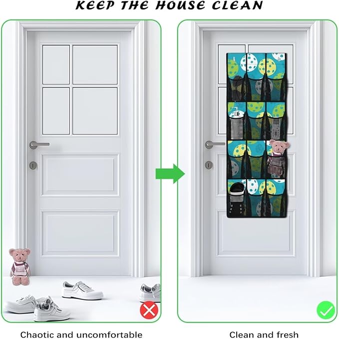 12-Pocket Storage Hanging Bag Behind the Door, Over the Door Organizer with Mesh Pockets for Shoes Essentials, Space Saving Door Organizer for Bedroom Dorm Closet, Pickleball Pattern