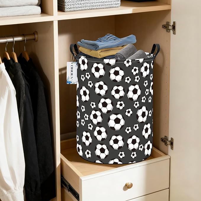 Round Soccer Laundry Basket,Collapsible Laundry Hamper for Nursery,Football Toy Storage Bin for Kids Boys,Waterproof Storage Basket for Home,Bedroom,Playroom(Soccer)