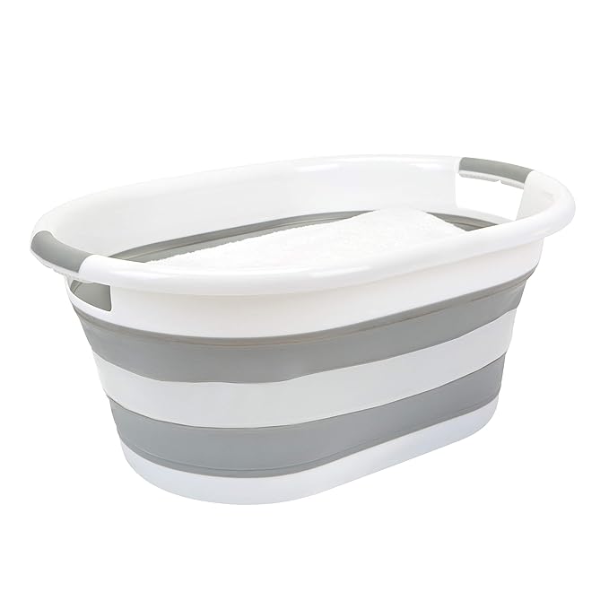 Laundry 360 2pk Collapsible Laundry Basket | Portable | Space Saver Storage | Hold 2 Loads | Store Under the Bed or Closet | Good for Kids | Dorm | Bedroom | Large | White/Grey