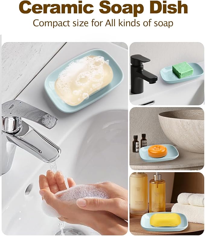 Ceramic Soap Dish for Bathroom and Kitchen, Non-Slip Bar Soap Holder with Fast Drain Design, Soap Saver Tray for Sink,Azure