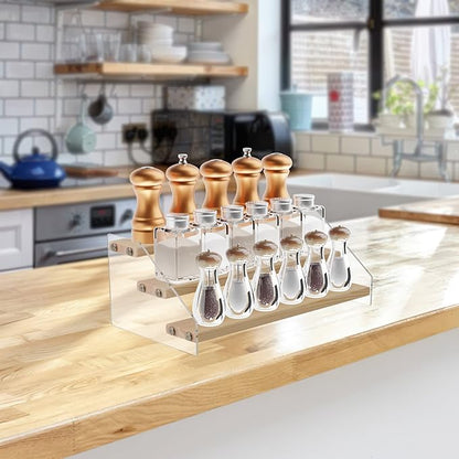 Tiered Spice Rack Acrylic Wood Board Spice Rack Organizer for Cabinet, Seasoning Organizer Spice Shelf, Space Saving Clear Stand Step Can Organizer for Kitchen Countertop Storage, 3 Tier