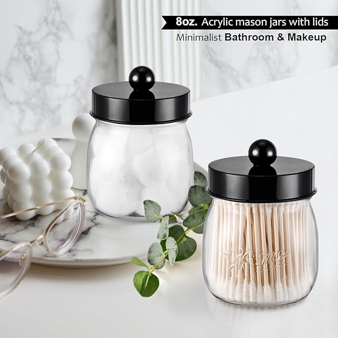 SheeChung 3 Pack Qtip Holder Bathroom Jar Set, Apothecary Mason Jar for Bathroom Vanity Home Storage Organizer, Plastic Acrylic Qtip Dispenser for Cotton Swab, Floss Pick, Farmhouse/Home Decor (Black)
