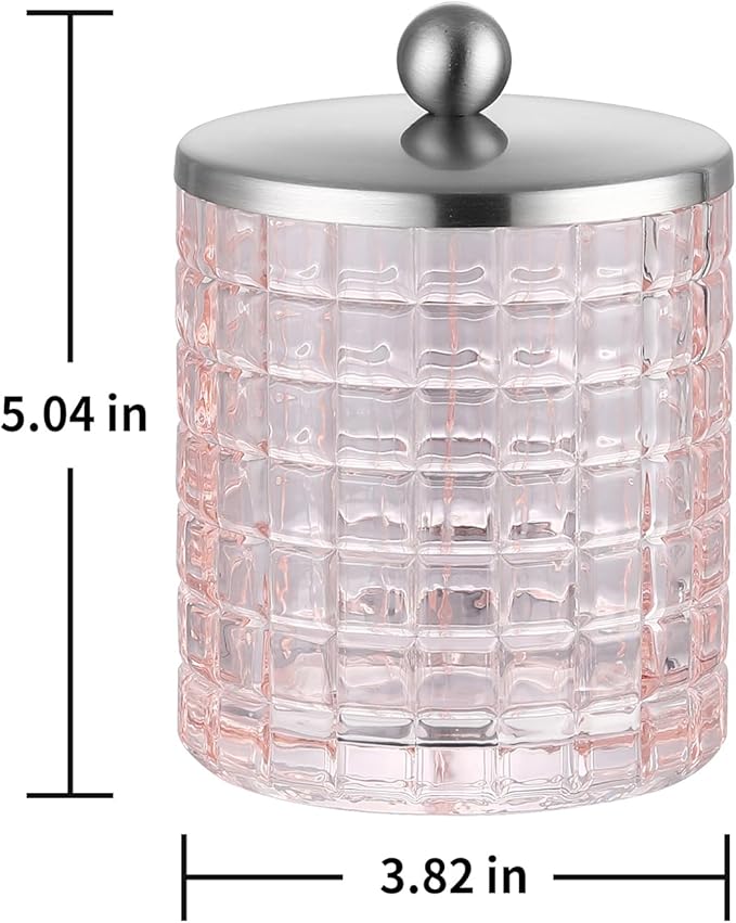 Blush Colored Tranlucent Apothecary Etched Geometric Grid Glass Jar W/ Nickel Metal Lid Cover for Bathroom Organization, Cotton Balls, Q Tips, and Small Accessories, Bathroom Storage