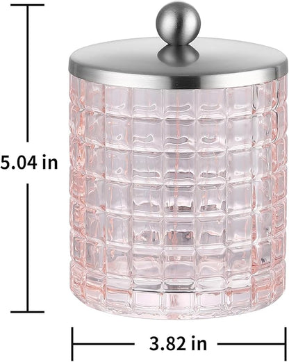 Blush Colored Tranlucent Apothecary Etched Geometric Grid Glass Jar W/ Nickel Metal Lid Cover for Bathroom Organization, Cotton Balls, Q Tips, and Small Accessories, Bathroom Storage