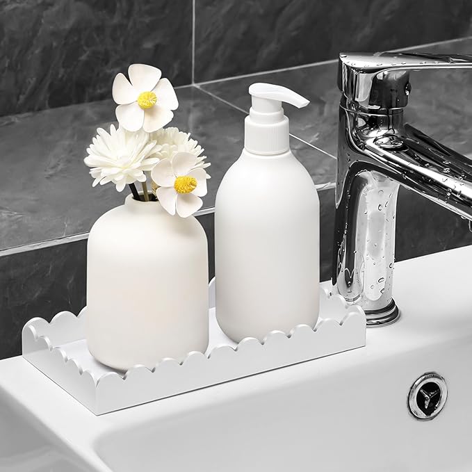 Acrylic Bathroom Vanity Tray 7.9", Soap Dispenser Decorative Scalloped Tray for Bathroom Kitchen Living Room Decor Vanity Perfume, White