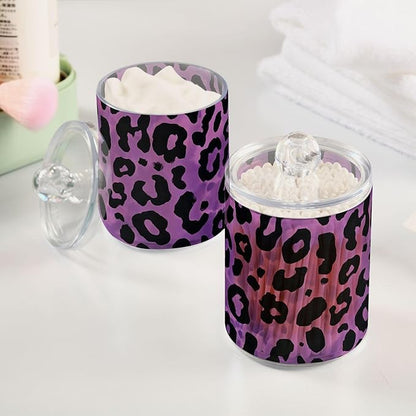 ALAZA 2 Pack Qtip Holder Dispenser for Cotton Ball Leopard Purple Print Pattern Cotton Swab Round Pads Clear Plastic Acrylic Jar Set Bathroom Canister