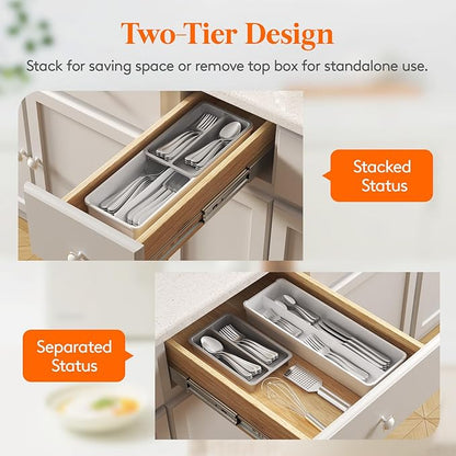 Lifewit Compact Silverware Organizer for Kitchen Drawer, Narrow Flatware Tray Holder, Plastic Cutlery Spoons, Forks and Knives Storage, White&Gray, 1 Pack
