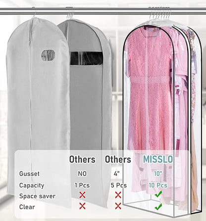 MISSLO 10" Gusseted All Clear Garment Bags for Hanging Clothes 50" Dress Bags for Closet Storage Coat Protectors for Suits, Gowns, 3 Packs