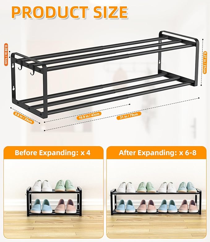 2 Pack Wall Mounted Shoe Rack, 16.9"-31" Expandable Hanging Shoe Rack with 4 Hooks, Premuim Wall Shoe Holder, Space Saving Metal Shoes Organizer for Closet, Entryway, Garage, Front Door