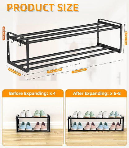 2 Pack Wall Mounted Shoe Rack, 16.9"-31" Expandable Hanging Shoe Rack with 4 Hooks, Premuim Wall Shoe Holder, Space Saving Metal Shoes Organizer for Closet, Entryway, Garage, Front Door