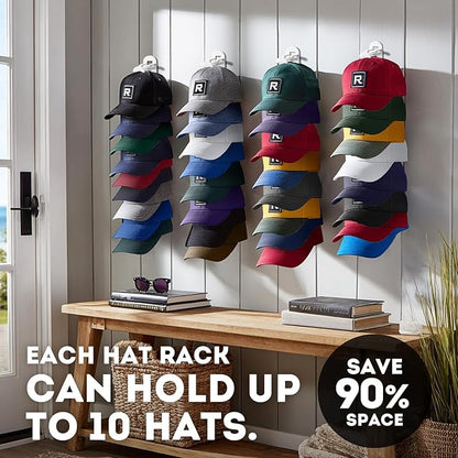 Hat Hook for Wall, 2 Pack Hat Organizer Hold up to 20 Hats,Hat Holder with Strong Adhesive and 8 Pack Screws, Cap Holder Hat Hangers for Wall Closet Door and Bedroom(B-white)